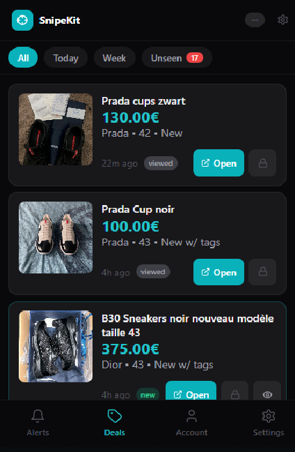 SnipeKit Deals — deals trouvés en temps réel